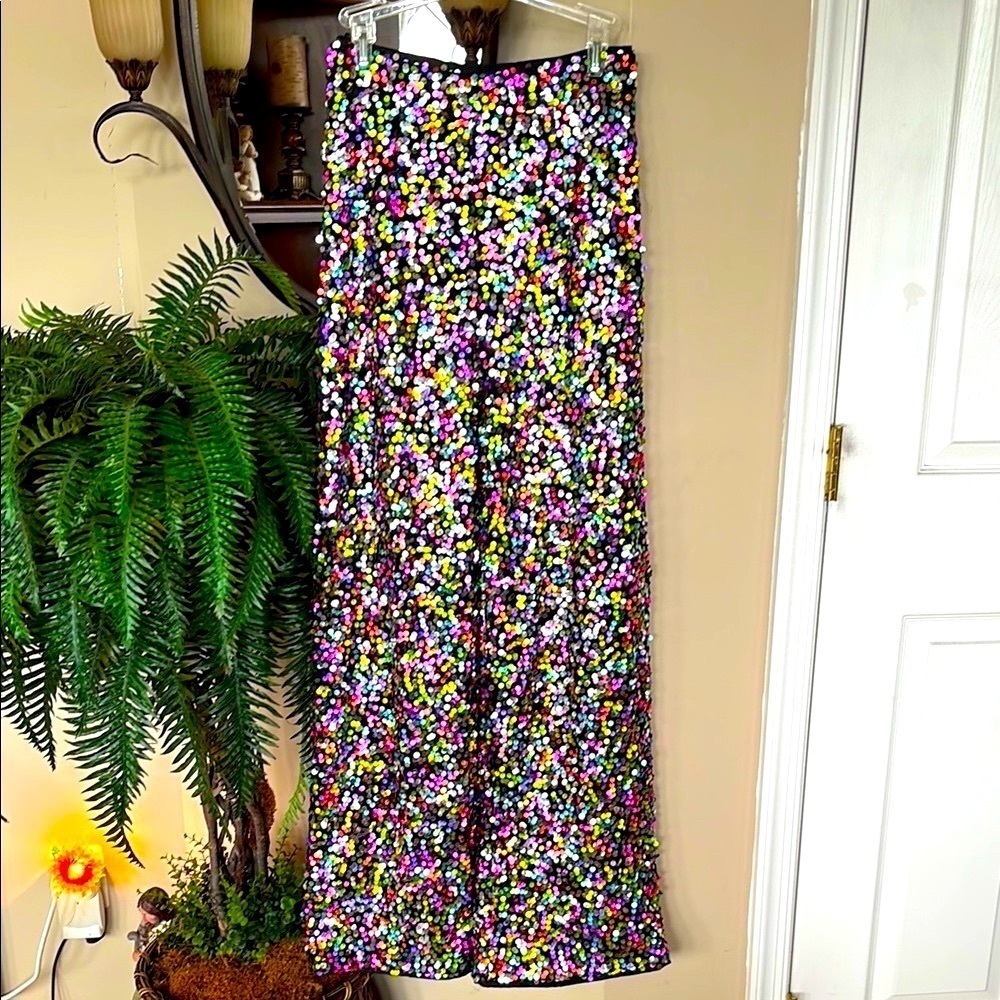 NWOT Nasty Gal Rainbow Sequin High Waist Wide Leg Flare Pants NYE Party Club - Picture 16 of 16